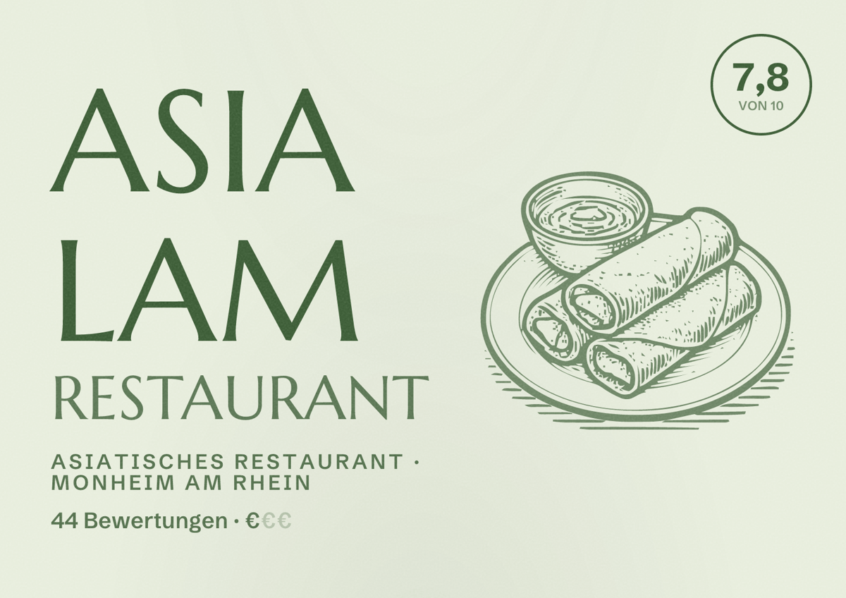 Illustriertes Poster von Asia Lam Restaurant, Asiatisches Restaurant in Monheim am Rhein: Bewertung 7,8 von 10 aus 44 Bewertungen, Preisniveau €