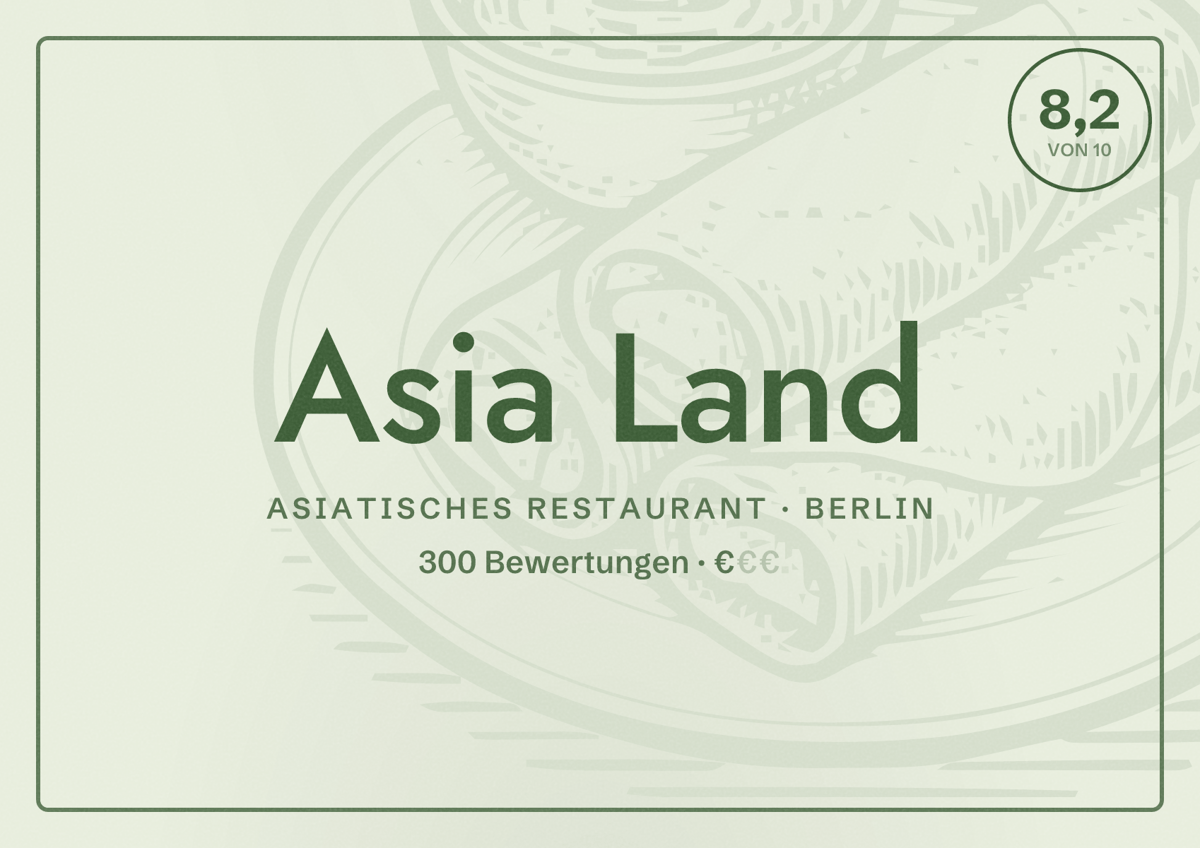 Illustriertes Poster von Asia Land, Asiatisches Restaurant in Berlin: Bewertung 8,2 von 10 aus 300 Bewertungen, Preisniveau €