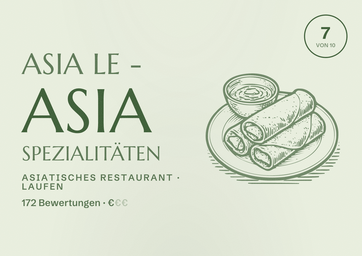 Illustriertes Poster von Asia Le - Asia Spezialitäten, Asiatisches Restaurant in Laufen: Bewertung 7 von 10 aus 172 Bewertungen, Preisniveau €