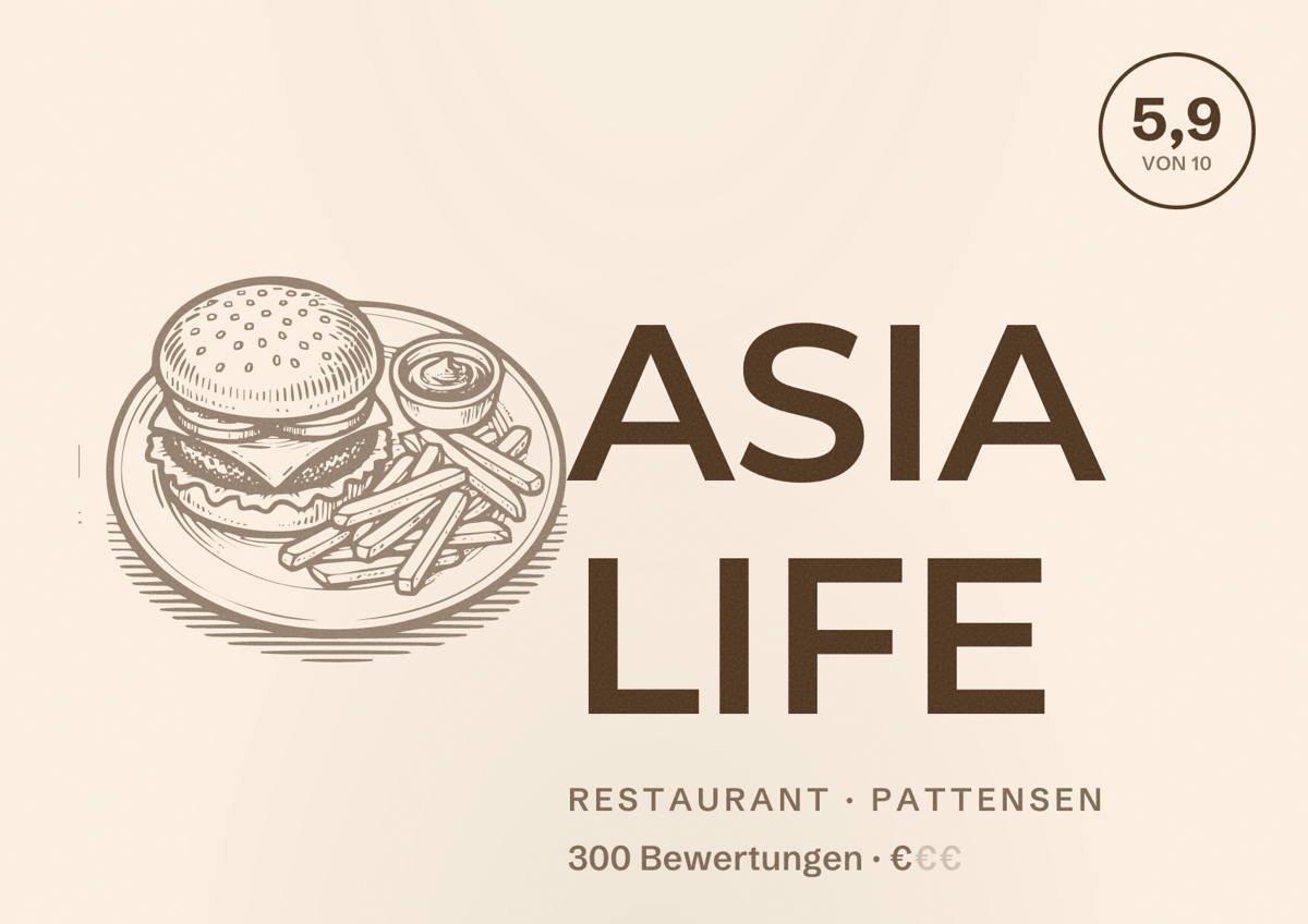 Illustriertes Poster von ASIA LIFE, Restaurant in Pattensen: Bewertung 5,9 von 10 aus 300 Bewertungen, Preisniveau €