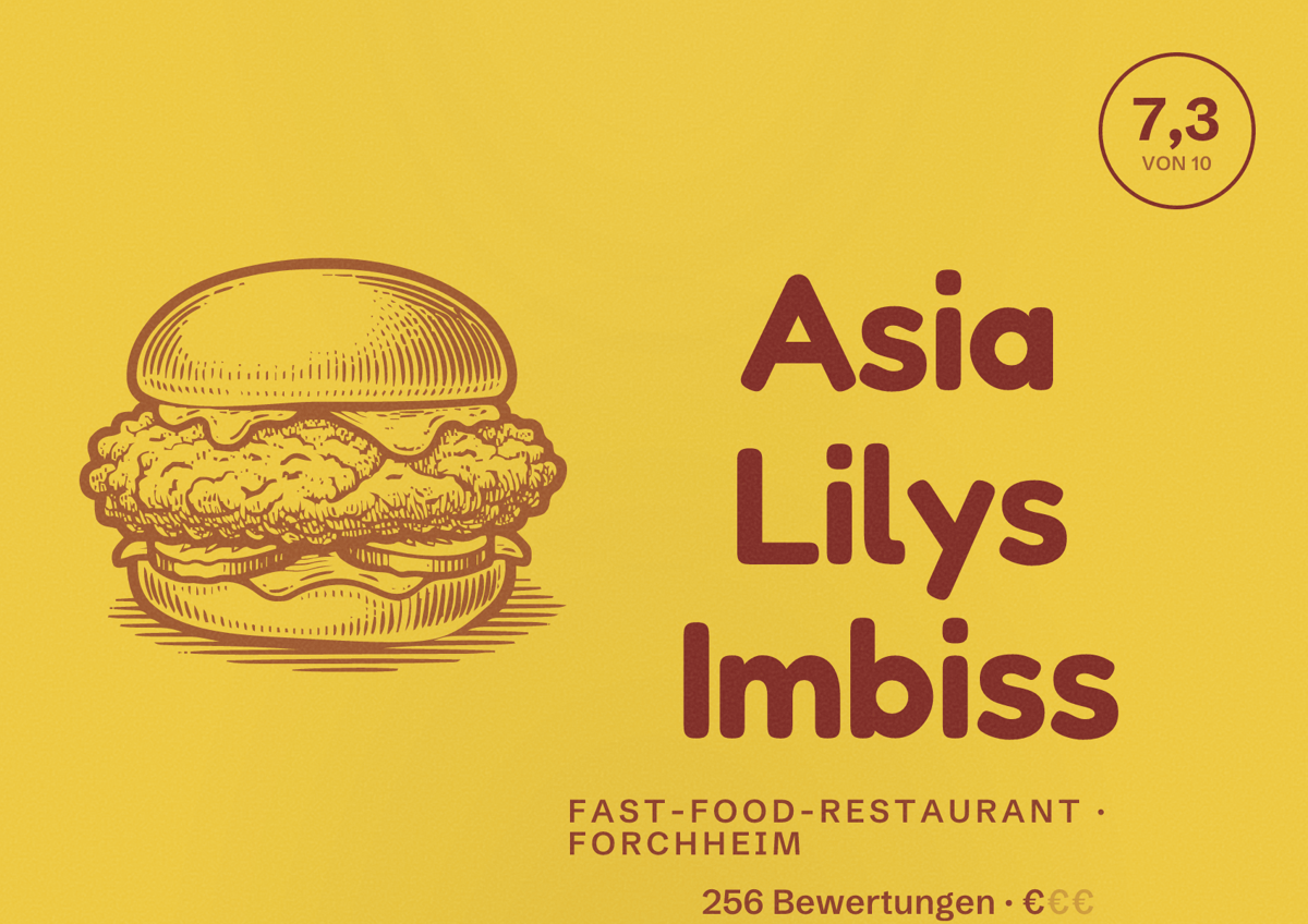 Illustriertes Poster von Asia Lilys Imbiss, Fast-Food-Restaurant in Forchheim: Bewertung 7,3 von 10 aus 256 Bewertungen, Preisniveau €