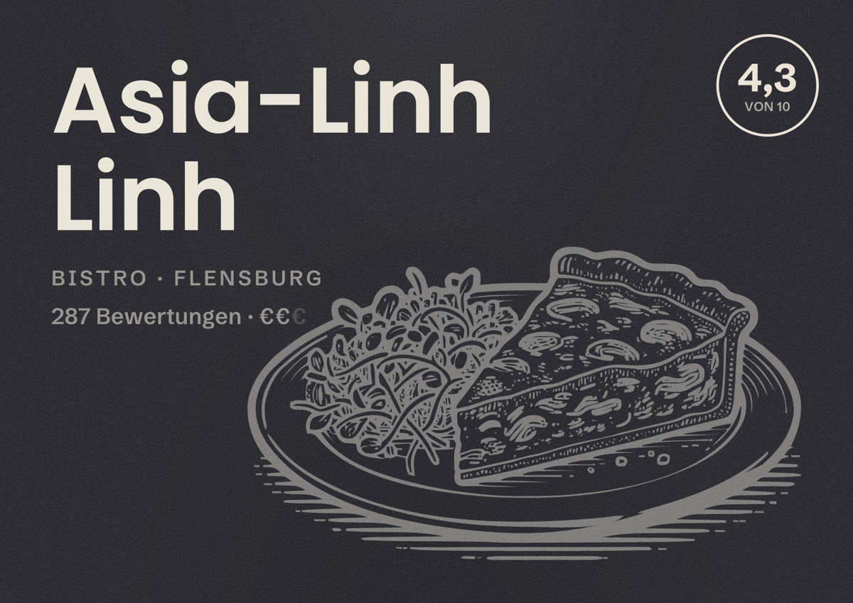 Illustriertes Poster von Asia-Linh Linh, Bistro in Flensburg: Bewertung 4,3 von 10 aus 287 Bewertungen, Preisniveau €€
