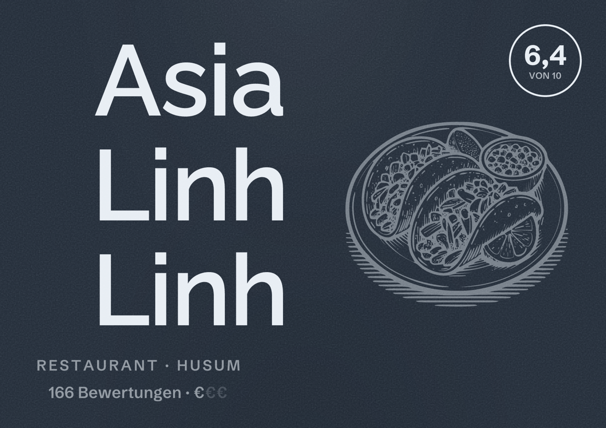 Illustriertes Poster von Asia Linh Linh, Restaurant in Husum: Bewertung 6,4 von 10 aus 166 Bewertungen, Preisniveau €
