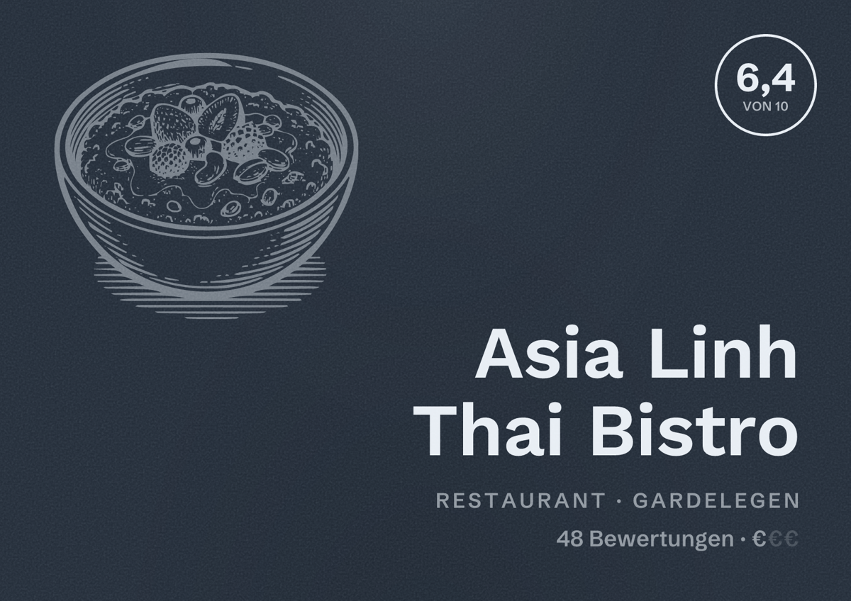 Illustriertes Poster von Asia Linh Thai Bistro, Restaurant in Gardelegen: Bewertung 6,4 von 10 aus 48 Bewertungen, Preisniveau €