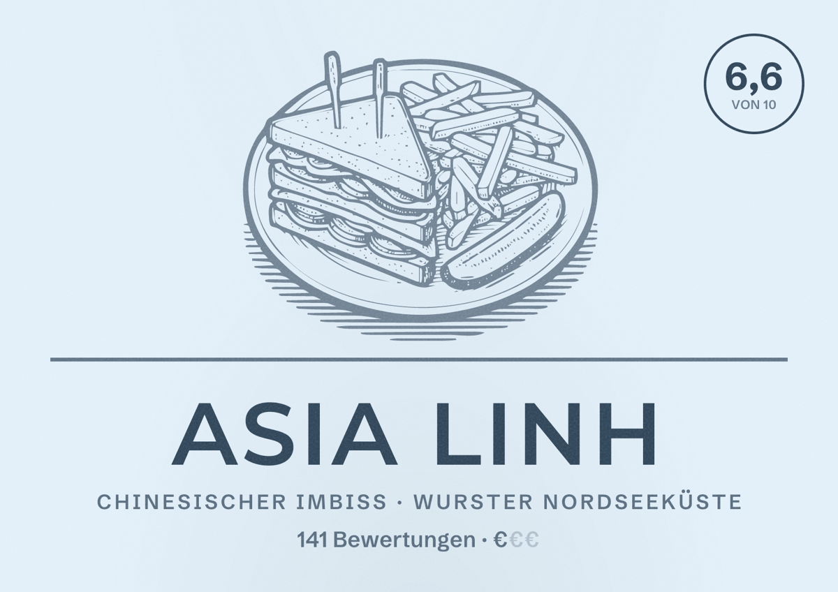 Illustriertes Poster von Asia Linh, Chinesischer Imbiss in Wurster Nordseeküste: Bewertung 6,6 von 10 aus 141 Bewertungen, Preisniveau €