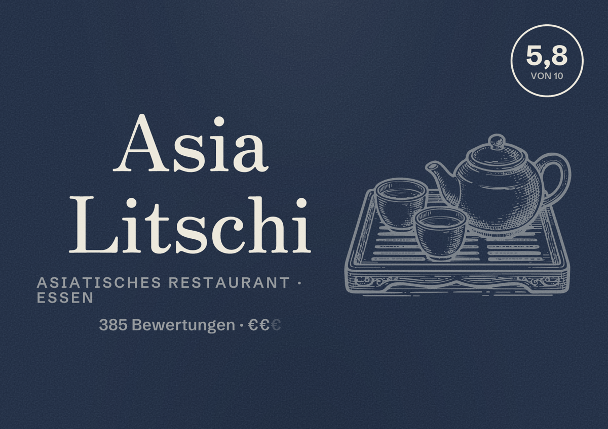 Illustriertes Poster von Asia Litschi, Asiatisches Restaurant in Essen: Bewertung 5,8 von 10 aus 385 Bewertungen, Preisniveau €€