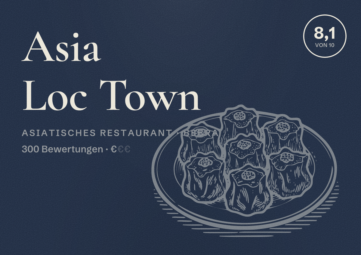 Illustriertes Poster von Asia Loc Town, Asiatisches Restaurant in Bebra: Bewertung 8,1 von 10 aus 300 Bewertungen, Preisniveau €