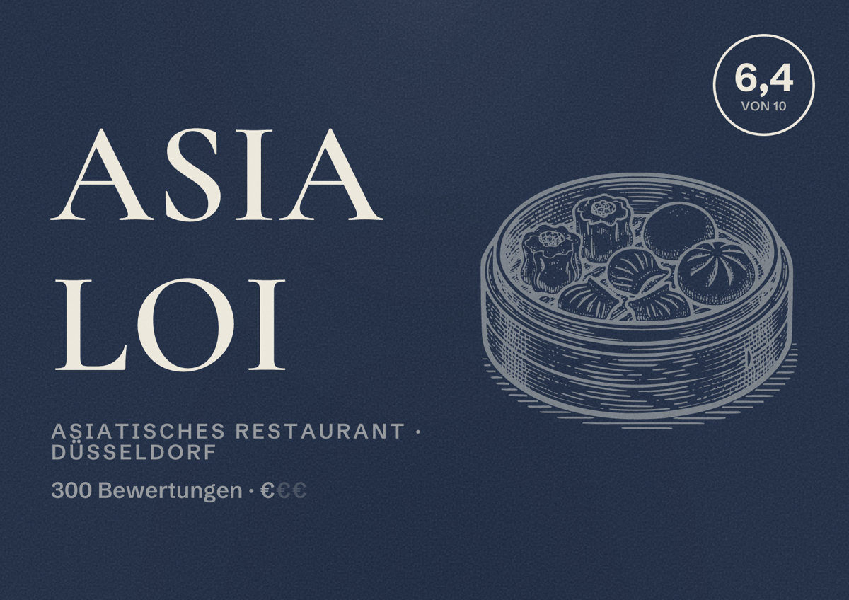 Illustriertes Poster von Asia Loi, Asiatisches Restaurant in Düsseldorf: Bewertung 6,4 von 10 aus 300 Bewertungen, Preisniveau €