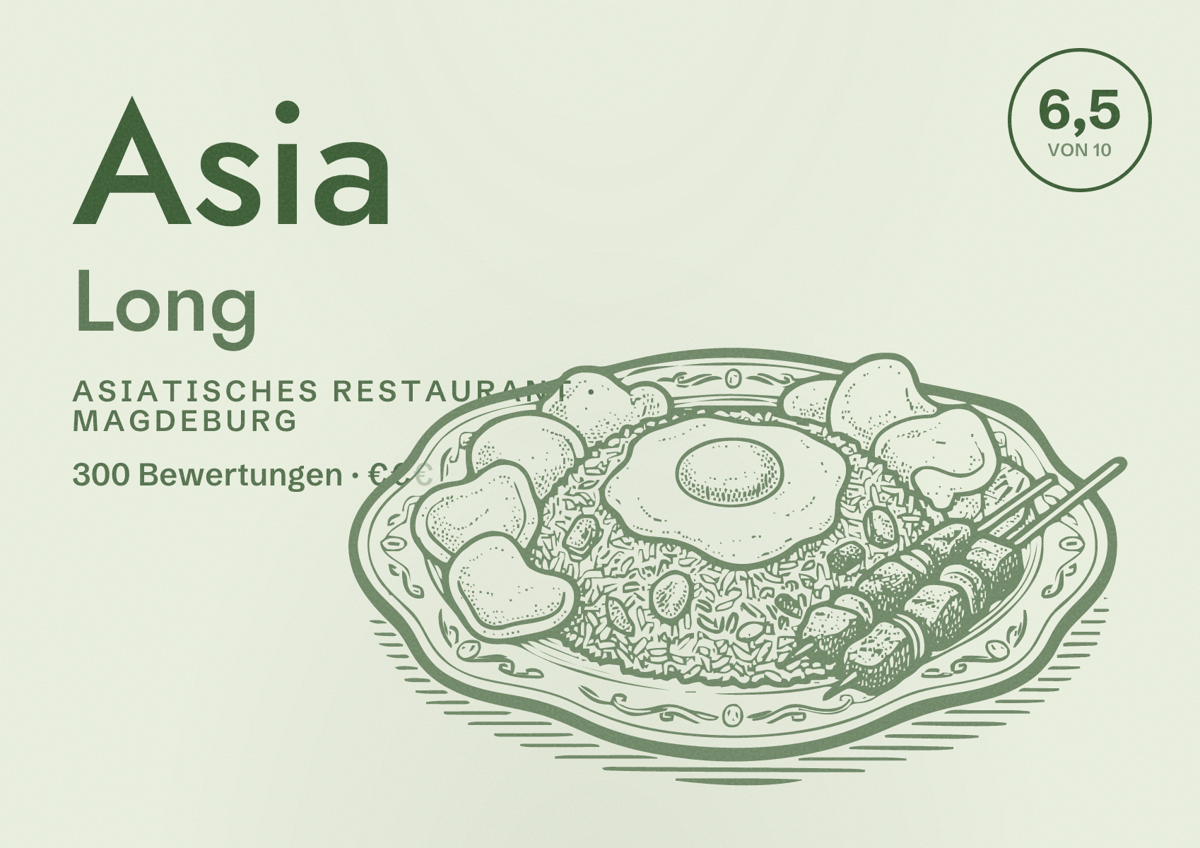 Illustriertes Poster von Asia Long, Asiatisches Restaurant in Magdeburg: Bewertung 6,5 von 10 aus 300 Bewertungen, Preisniveau €€