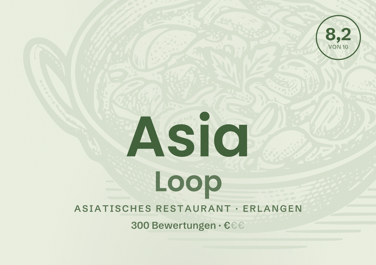 Illustriertes Poster von Asia Loop, Asiatisches Restaurant in Erlangen: Bewertung 8,2 von 10 aus 300 Bewertungen, Preisniveau €