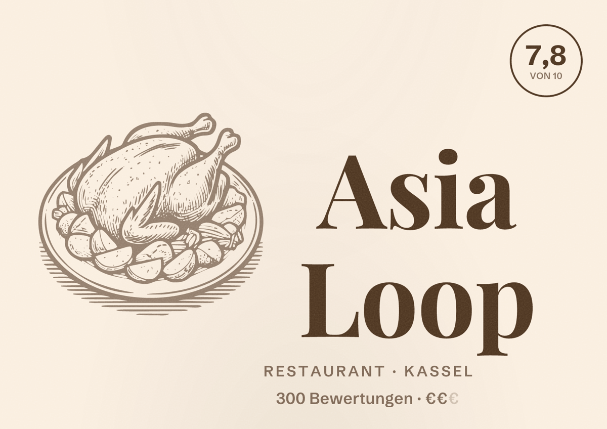 Illustriertes Poster von Asia Loop, Restaurant in Kassel: Bewertung 7,8 von 10 aus 300 Bewertungen, Preisniveau €€