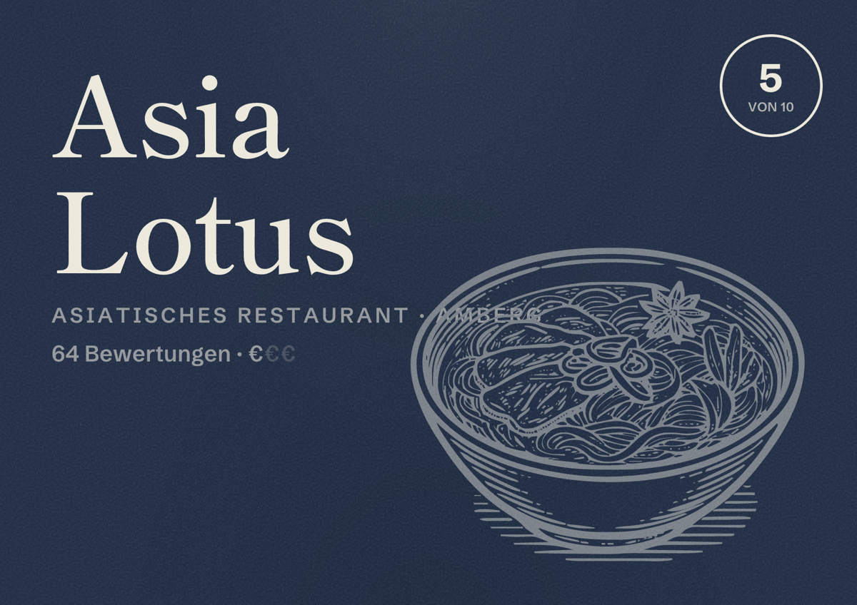 Illustriertes Poster von Asia Lotus, Asiatisches Restaurant in Amberg: Bewertung 5 von 10 aus 64 Bewertungen, Preisniveau €