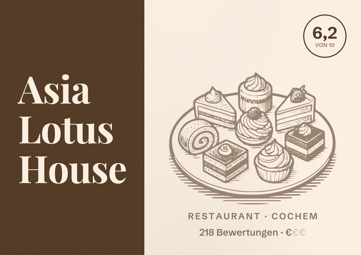 Illustriertes Poster von Asia Lotus House, Restaurant in Cochem: Bewertung 6,2 von 10 aus 218 Bewertungen, Preisniveau €