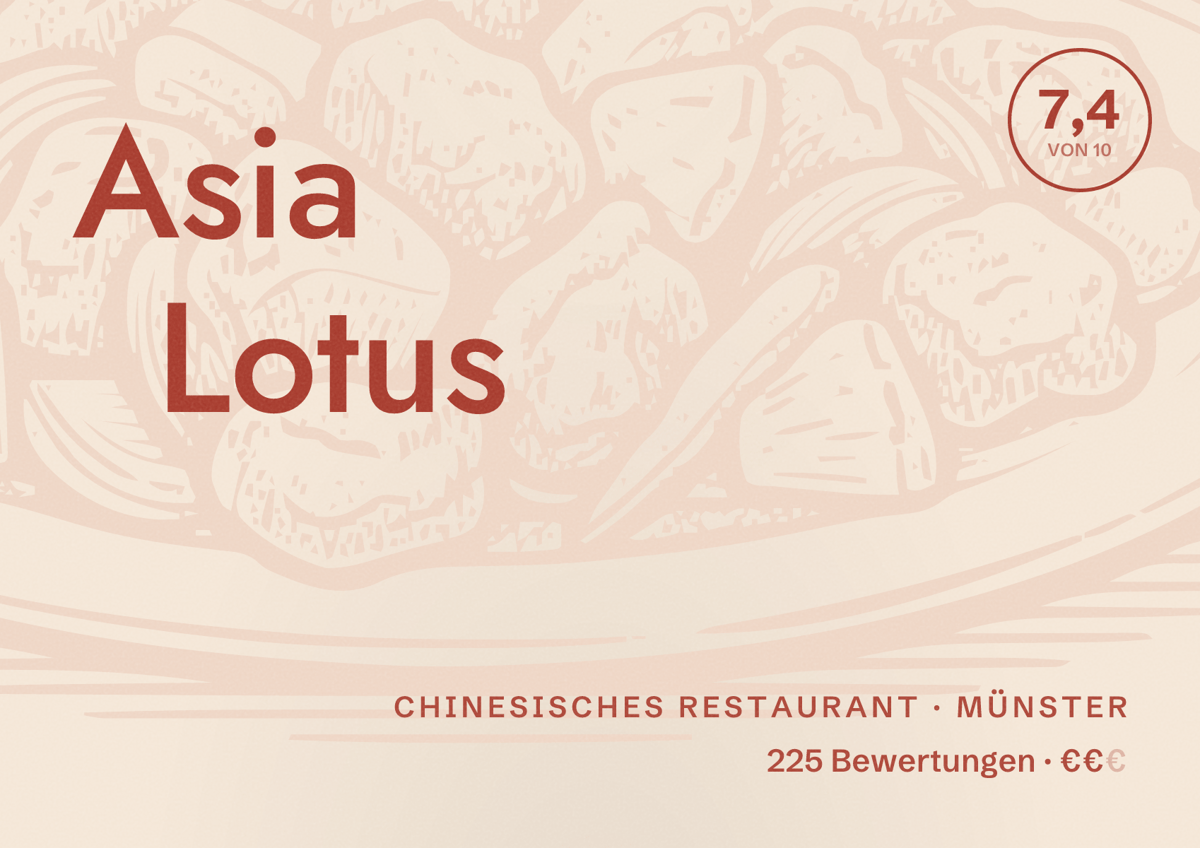 Illustriertes Poster von Asia Lotus, Chinesisches Restaurant in Münster: Gästebewertung 7,4 von 10 aus 225 Bewertungen