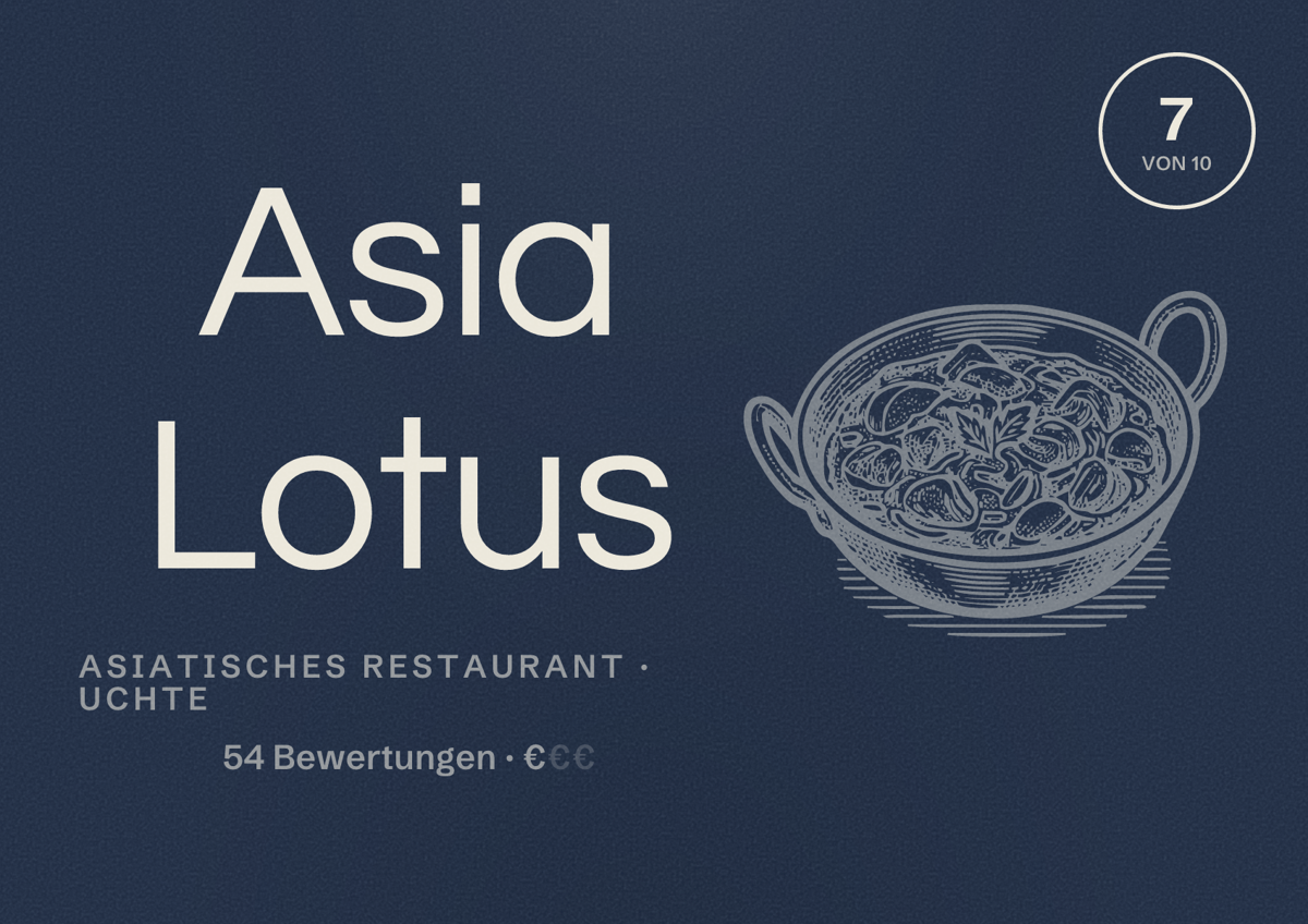 Illustriertes Poster von Asia Lotus, Asiatisches Restaurant in Uchte: Bewertung 7 von 10 aus 54 Bewertungen, Preisniveau €