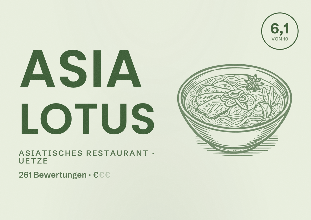 Illustriertes Poster von Asia Lotus, Asiatisches Restaurant in Uetze: Bewertung 6,1 von 10 aus 261 Bewertungen, Preisniveau €