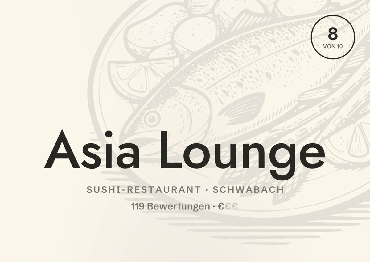 Illustriertes Poster von Asia Lounge, Sushi-Restaurant in Schwabach: Bewertung 8 von 10 aus 119 Bewertungen, Preisniveau €