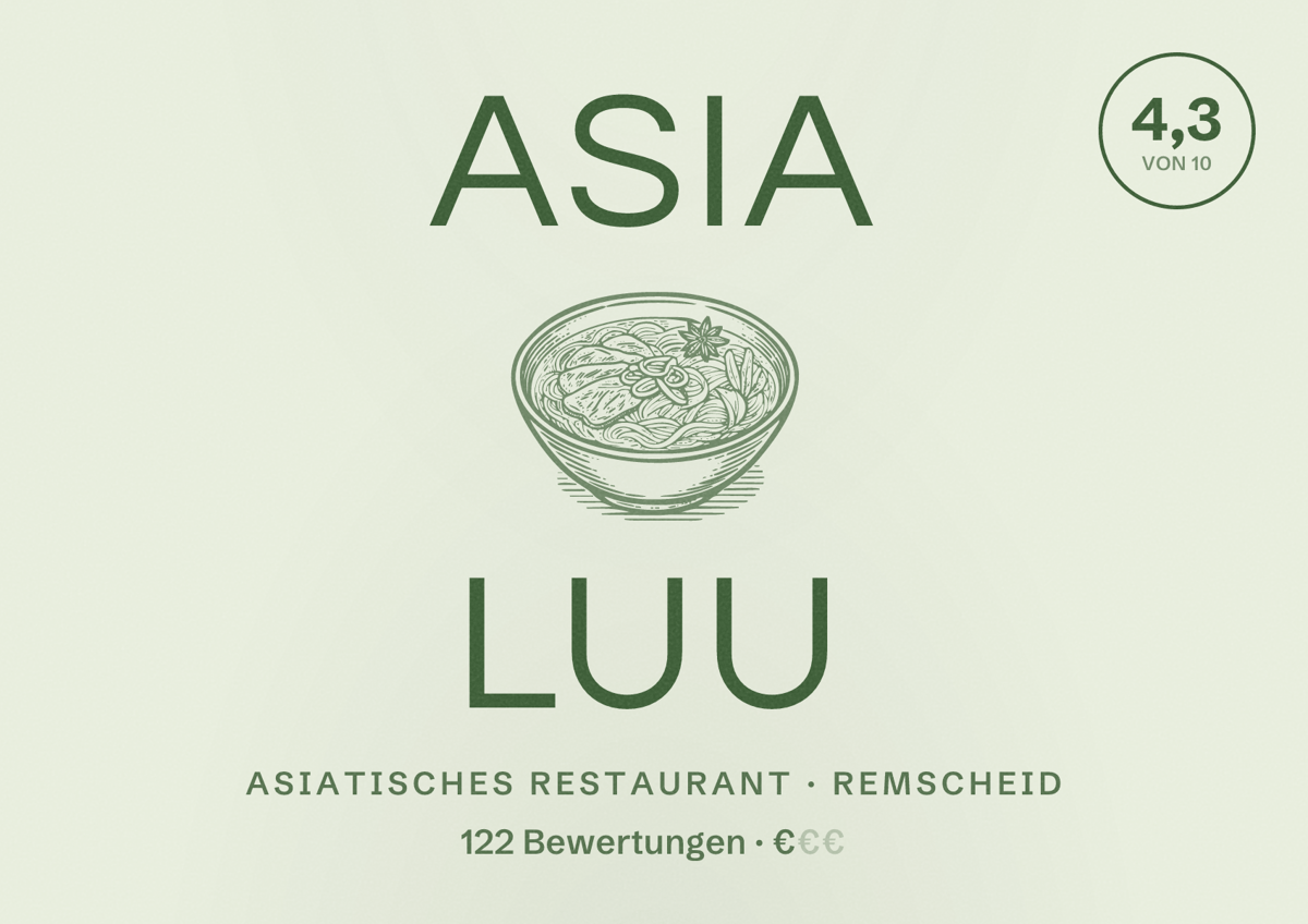 Illustriertes Poster von Asia LUU, Asiatisches Restaurant in Remscheid: Bewertung 4,3 von 10 aus 122 Bewertungen, Preisniveau €