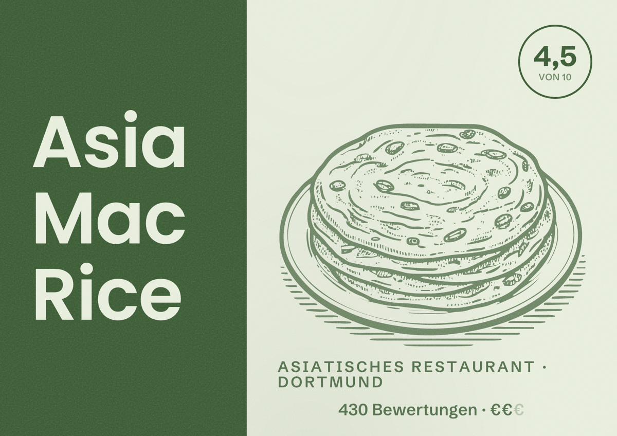 Illustriertes Poster von Asia Mac Rice, Asiatisches Restaurant in Dortmund: Bewertung 4,5 von 10 aus 430 Bewertungen, Preisniveau €€