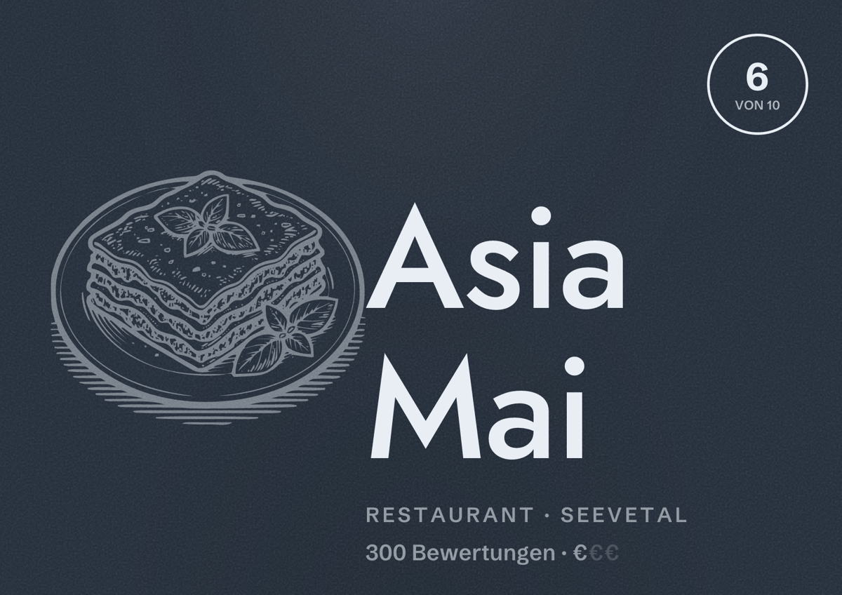 Illustriertes Poster von Asia Mai, Restaurant in Seevetal: Bewertung 6 von 10 aus 300 Bewertungen, Preisniveau €
