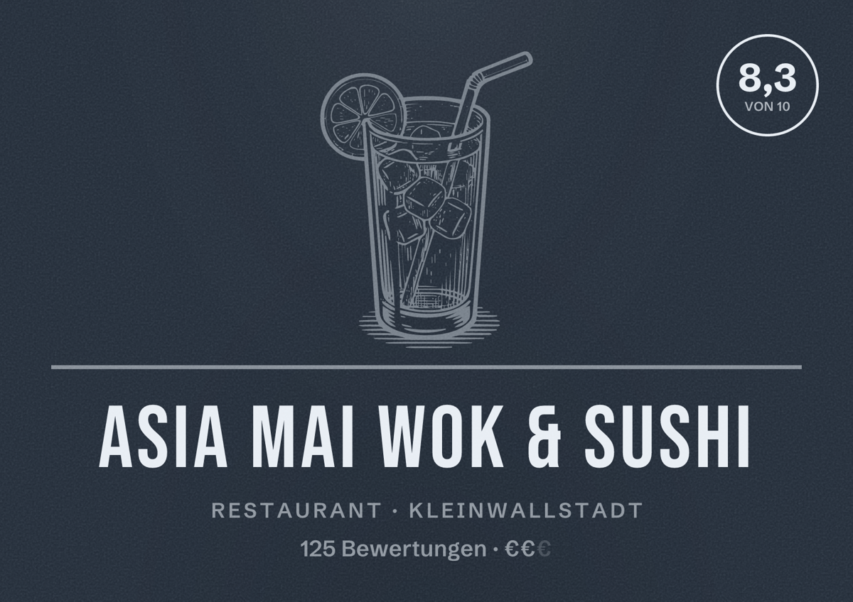 Illustriertes Poster von Asia Mai Wok & Sushi, Restaurant in Kleinwallstadt: Bewertung 8,3 von 10 aus 125 Bewertungen, Preisniveau €€