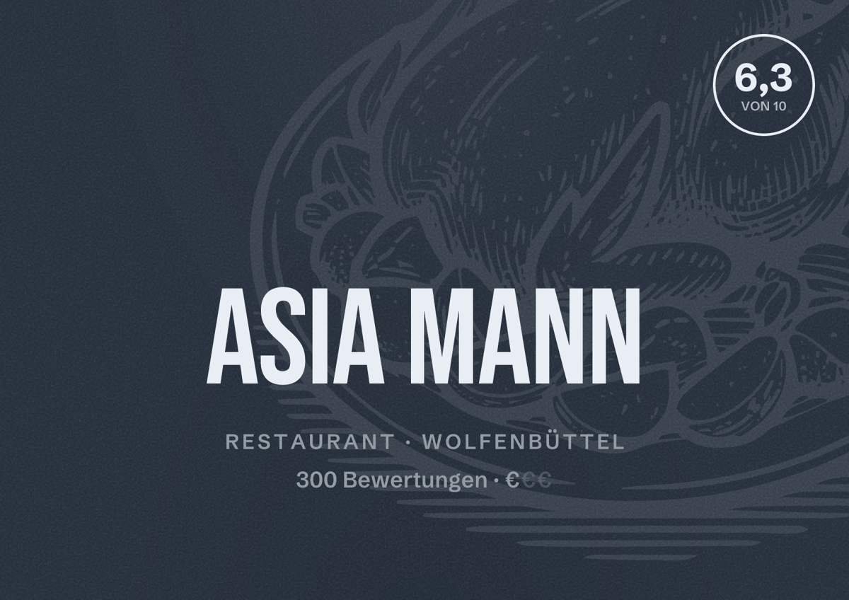 Illustriertes Poster von Asia Mann, Restaurant in Wolfenbüttel: Bewertung 6,3 von 10 aus 300 Bewertungen, Preisniveau €