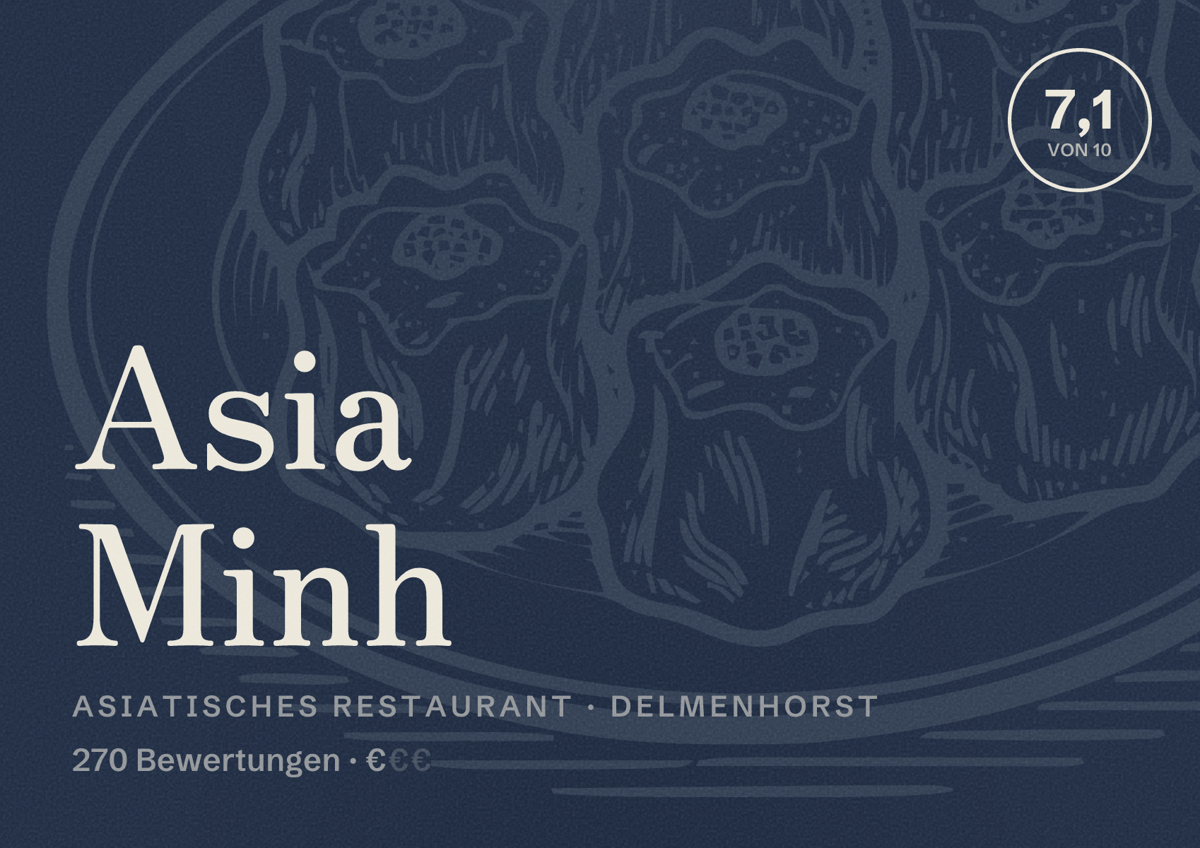 Illustriertes Poster von Asia Minh, Asiatisches Restaurant in Delmenhorst: Bewertung 7,1 von 10 aus 270 Bewertungen, Preisniveau €