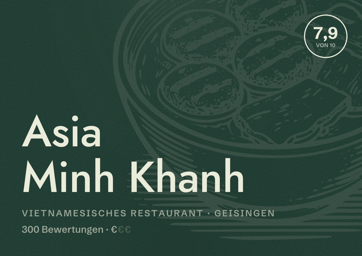 Illustriertes Poster von Asia Minh Khanh, Vietnamesisches Restaurant in Geisingen: Bewertung 7,9 von 10 aus 300 Bewertungen, Preisniveau €
