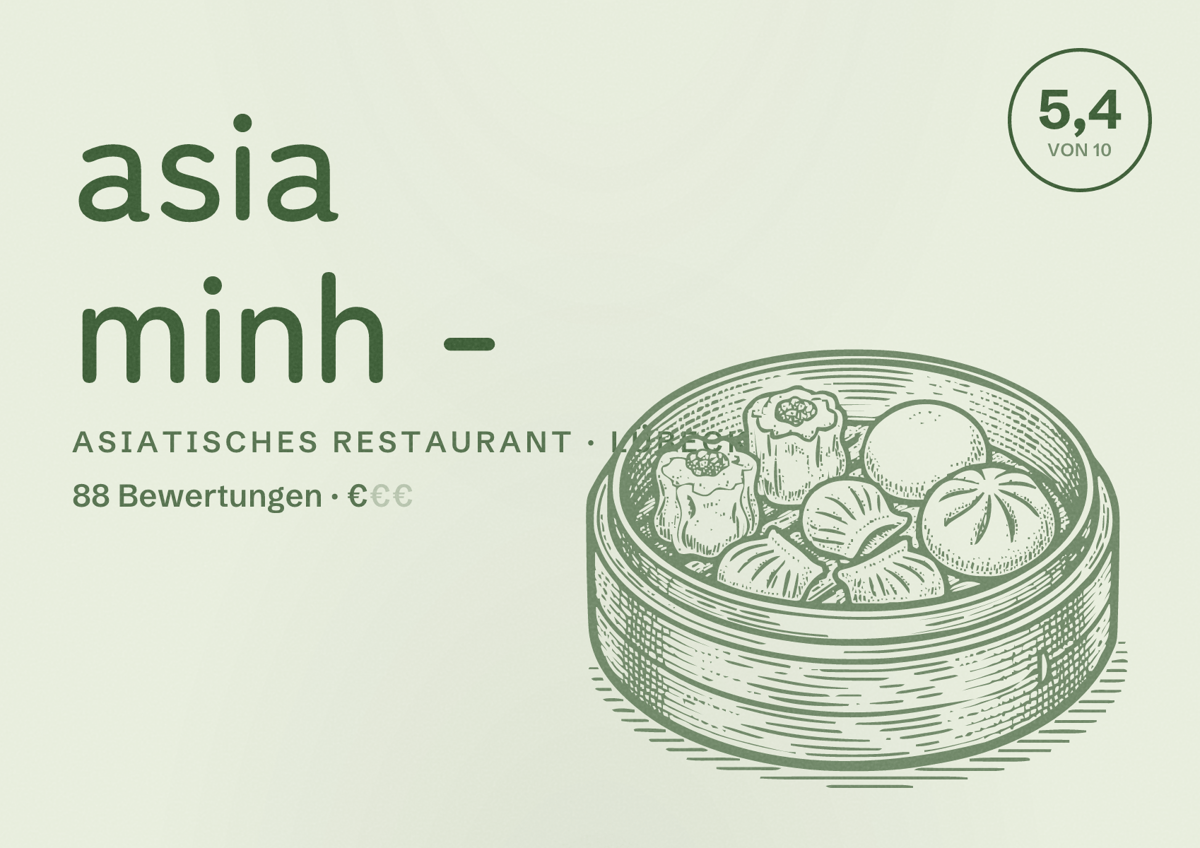 Illustriertes Poster von asia minh -, Asiatisches Restaurant in Lübeck: Bewertung 5,4 von 10 aus 88 Bewertungen, Preisniveau €