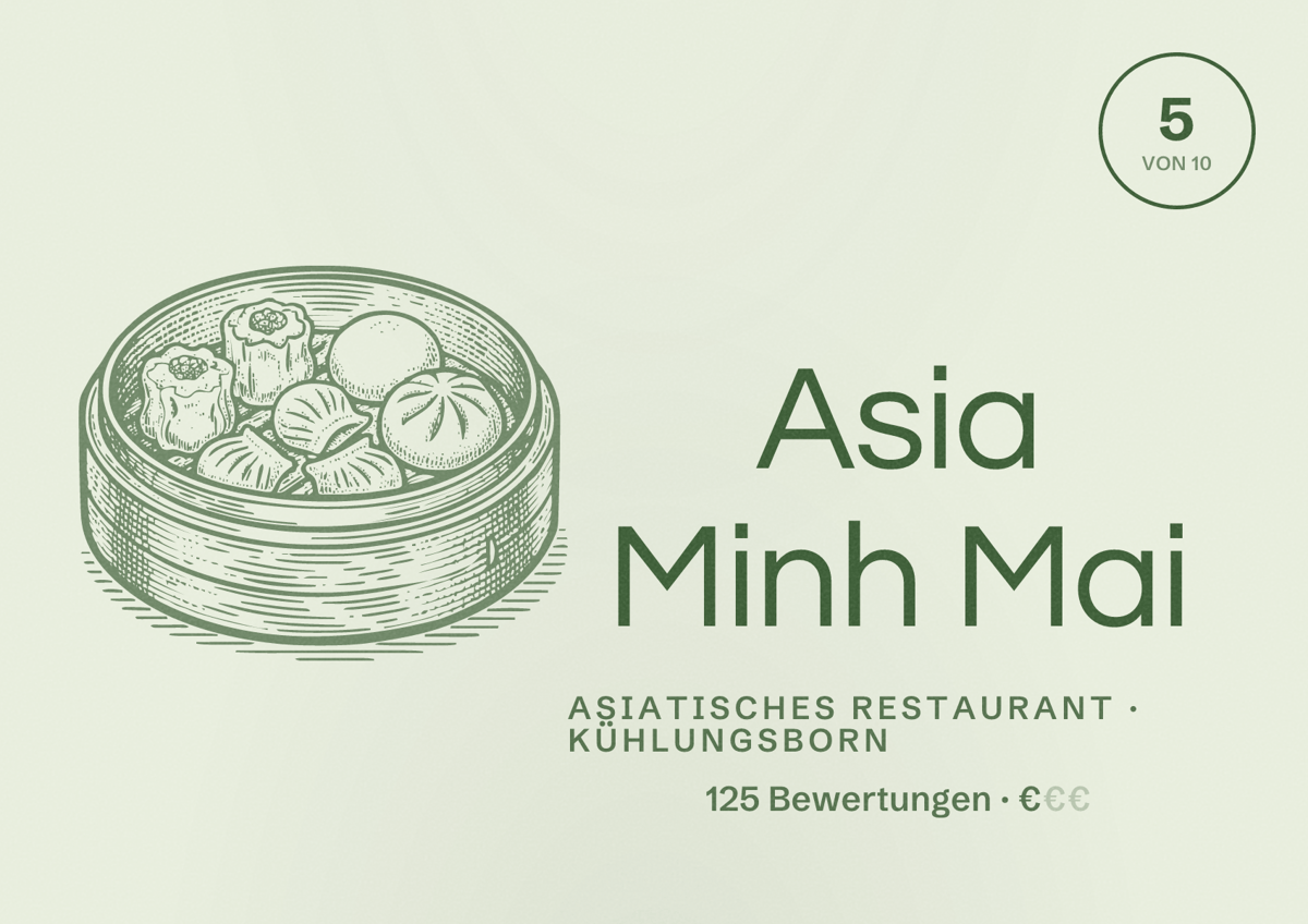 Illustriertes Poster von Asia Minh Mai, Asiatisches Restaurant in Kühlungsborn: Bewertung 5 von 10 aus 125 Bewertungen, Preisniveau €