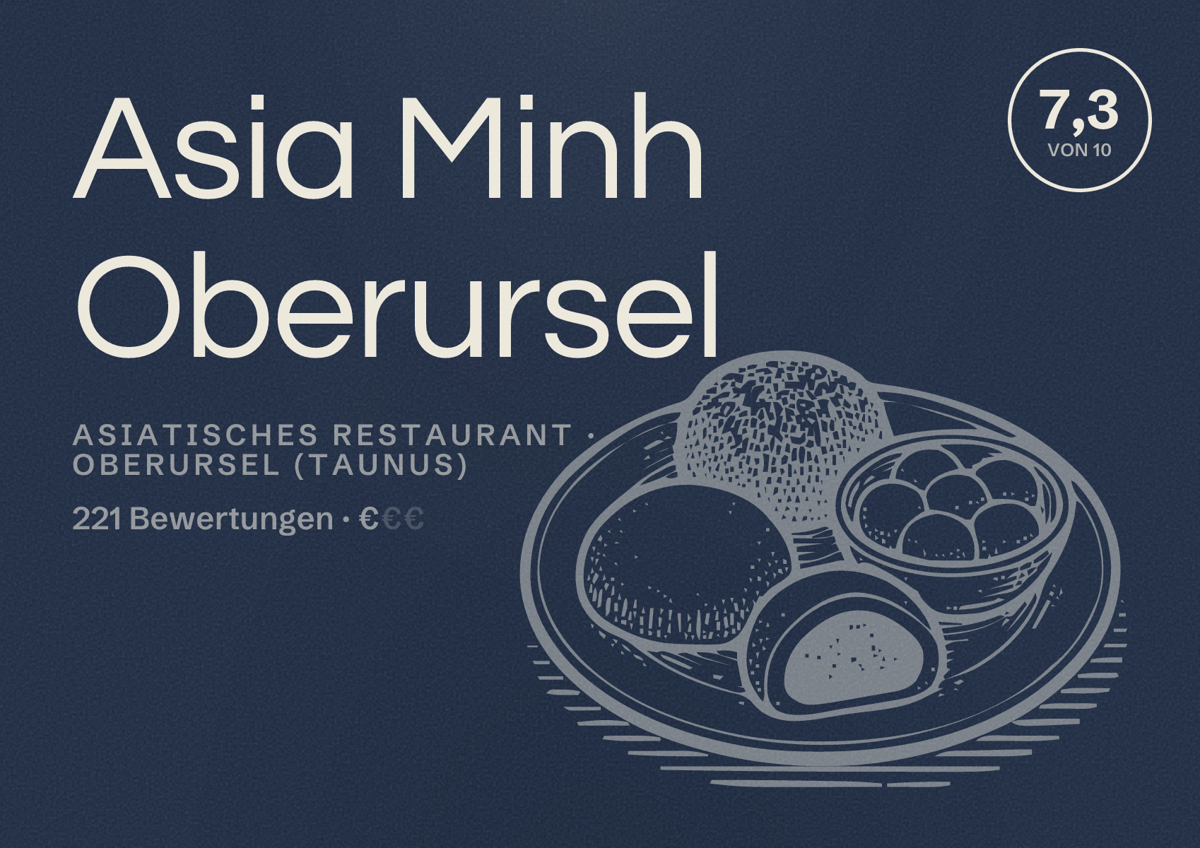 Illustriertes Poster von Asia Minh Oberursel, Asiatisches Restaurant in Oberursel (Taunus): Bewertung 7,3 von 10 aus 221 Bewertungen, Preisniveau €