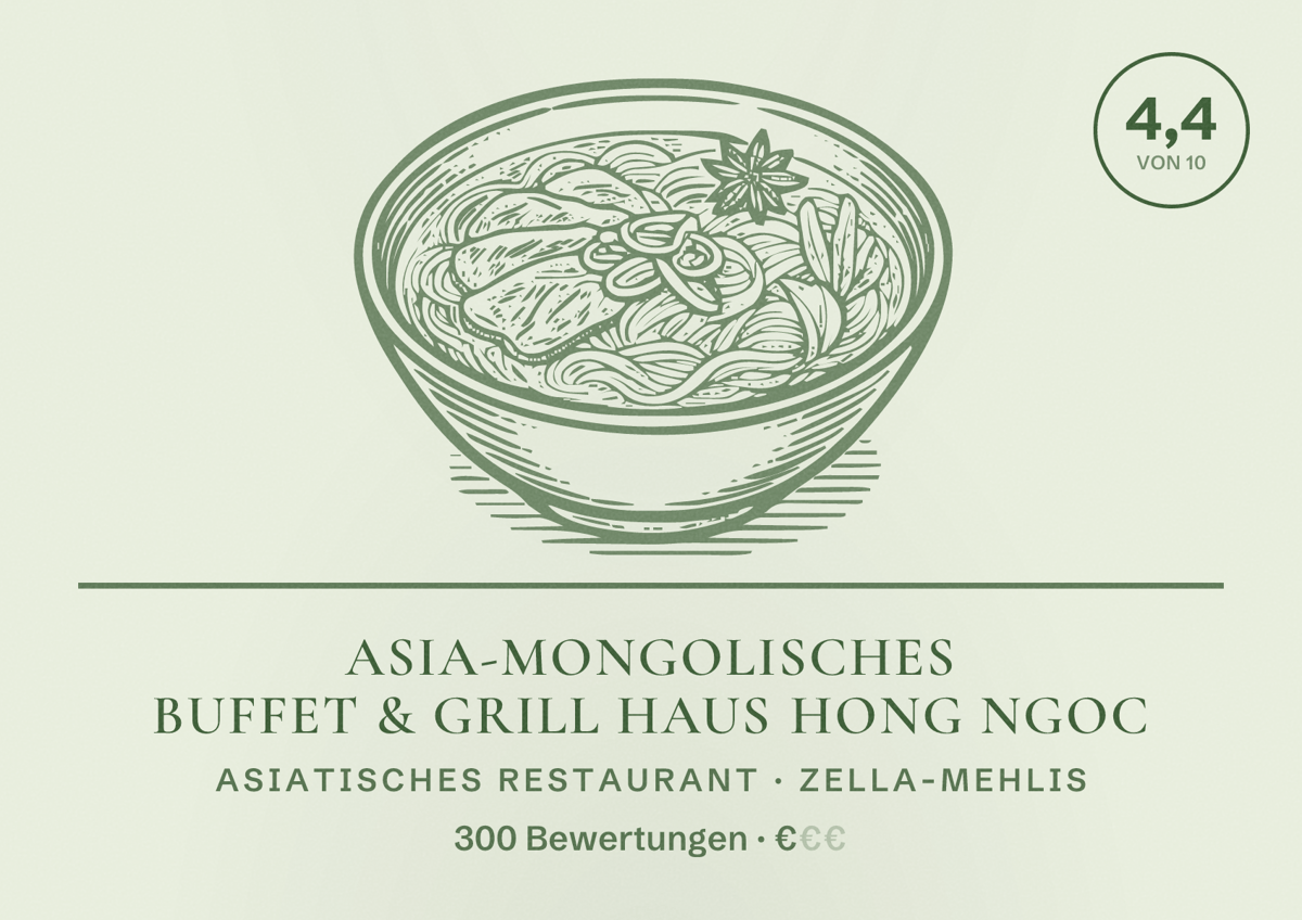 Illustriertes Poster von Asia-Mongolisches Buffet & Grill Haus HONG NGOC, Asiatisches Restaurant in Zella-Mehlis: Bewertung 4,4 von 10 aus 300 Bewertungen, Preisniveau €