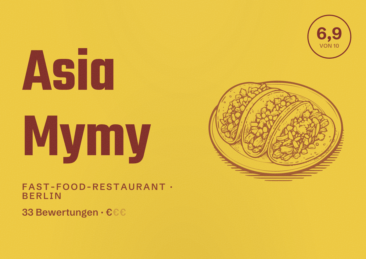 Illustriertes Poster von Asia Mymy, Fast-Food-Restaurant in Berlin: Bewertung 6,9 von 10 aus 33 Bewertungen, Preisniveau €