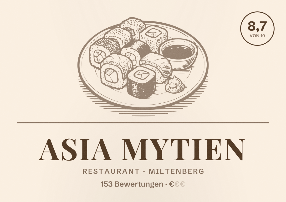 Illustriertes Poster von Asia Mytien, Restaurant in Miltenberg: Bewertung 8,7 von 10 aus 153 Bewertungen, Preisniveau €