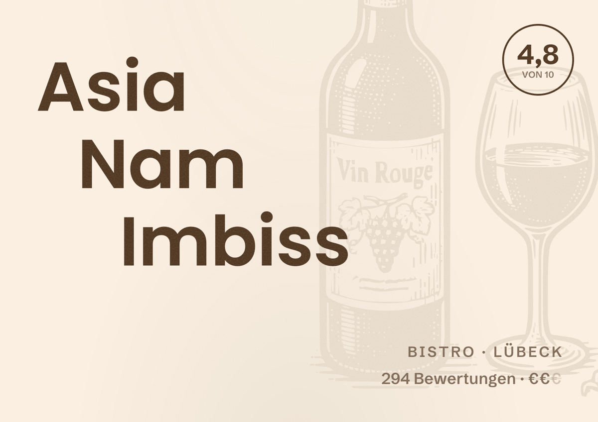 Illustriertes Poster von Asia Nam Imbiss, Bistro in Lübeck: Bewertung 4,8 von 10 aus 294 Bewertungen, Preisniveau €€