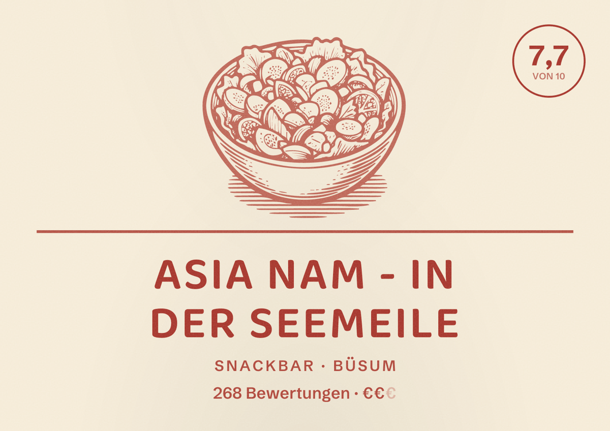 Illustriertes Poster von Asia Nam - in der Seemeile, Snackbar in Büsum: Bewertung 7,7 von 10 aus 268 Bewertungen, Preisniveau €€