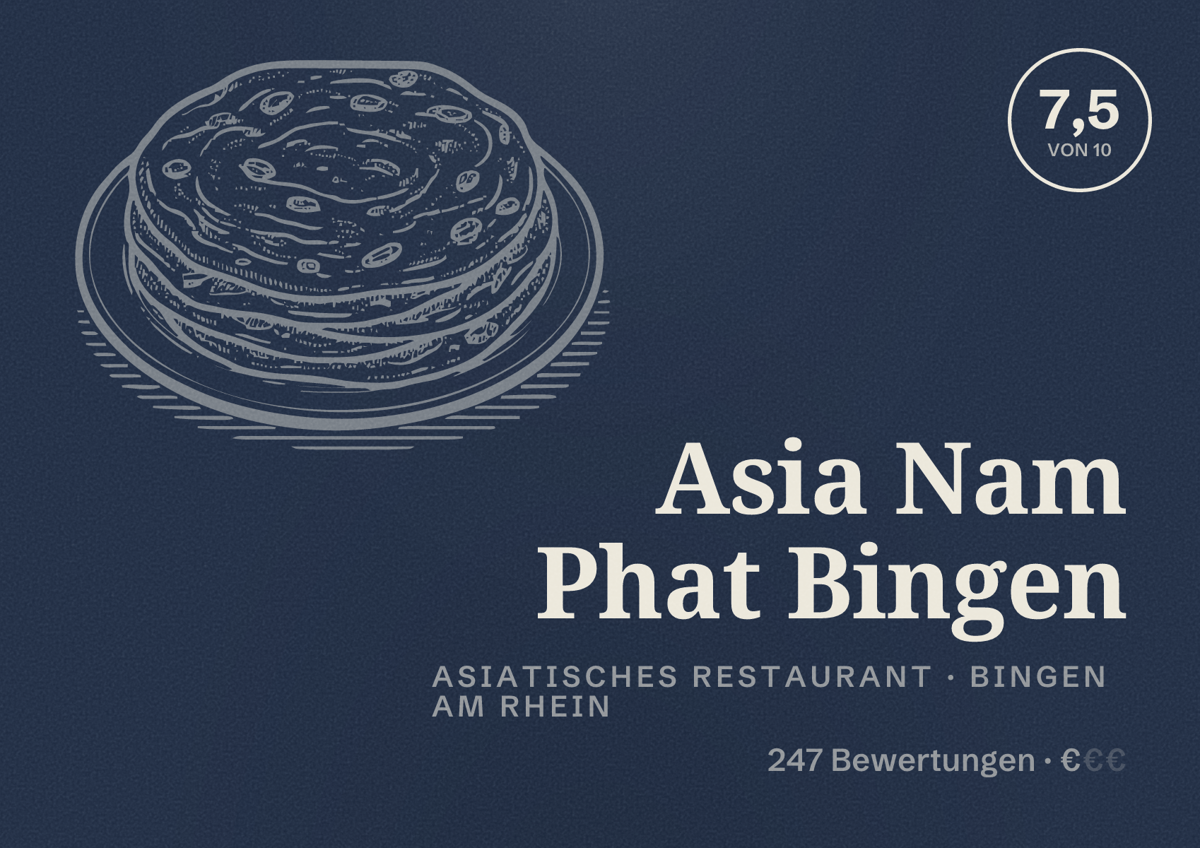 Illustriertes Poster von Asia Nam Phat Bingen, Asiatisches Restaurant in Bingen am Rhein: Bewertung 7,5 von 10 aus 247 Bewertungen, Preisniveau €