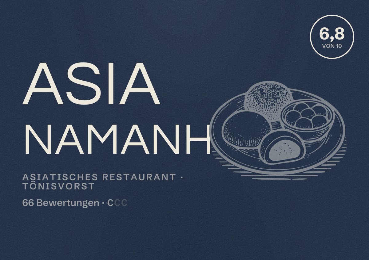 Illustriertes Poster von Asia NamAnh, Asiatisches Restaurant in Tönisvorst: Bewertung 6,8 von 10 aus 66 Bewertungen, Preisniveau €
