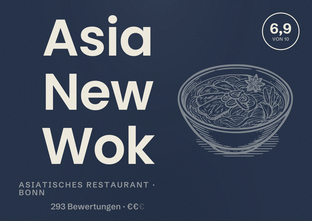 Illustriertes Poster von Asia New Wok, Asiatisches Restaurant in Bonn: Bewertung 6,9 von 10 aus 293 Bewertungen, Preisniveau €€