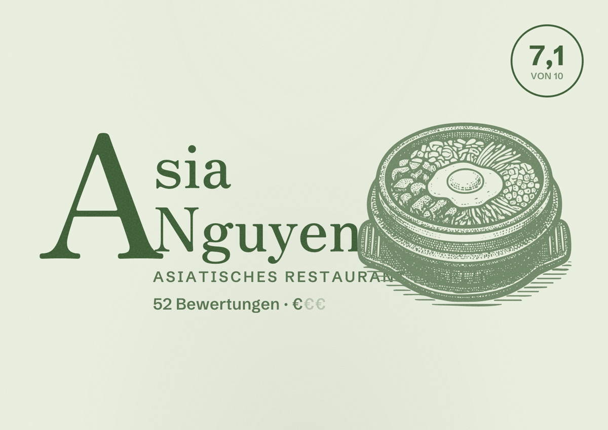 Illustriertes Poster von Asia Nguyen, Asiatisches Restaurant in Berlin: Bewertung 7,1 von 10 aus 52 Bewertungen, Preisniveau €