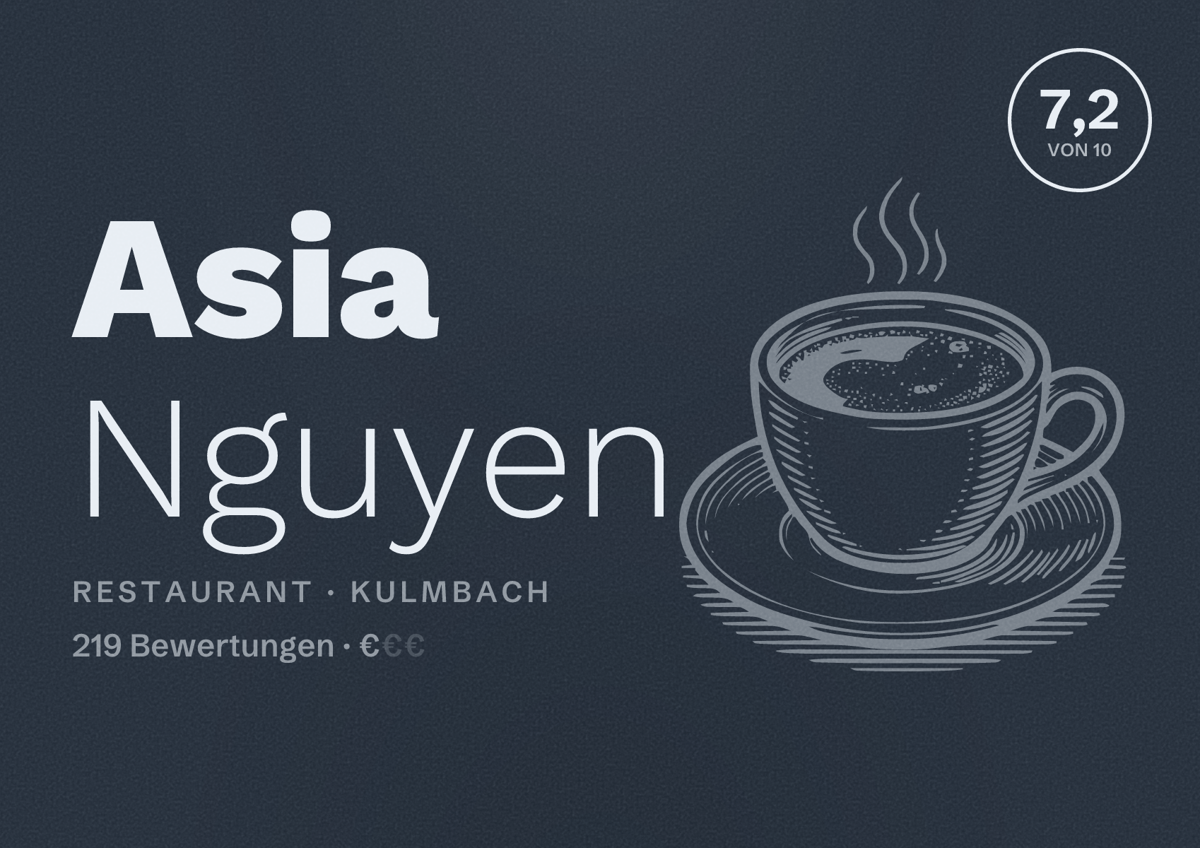Illustriertes Poster von Asia Nguyen, Restaurant in Kulmbach: Bewertung 7,2 von 10 aus 219 Bewertungen, Preisniveau €