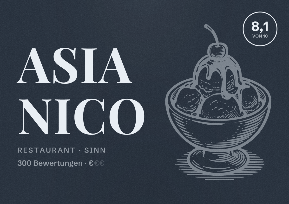 Illustriertes Poster von Asia Nico, Restaurant in Sinn: Bewertung 8,1 von 10 aus 300 Bewertungen, Preisniveau €