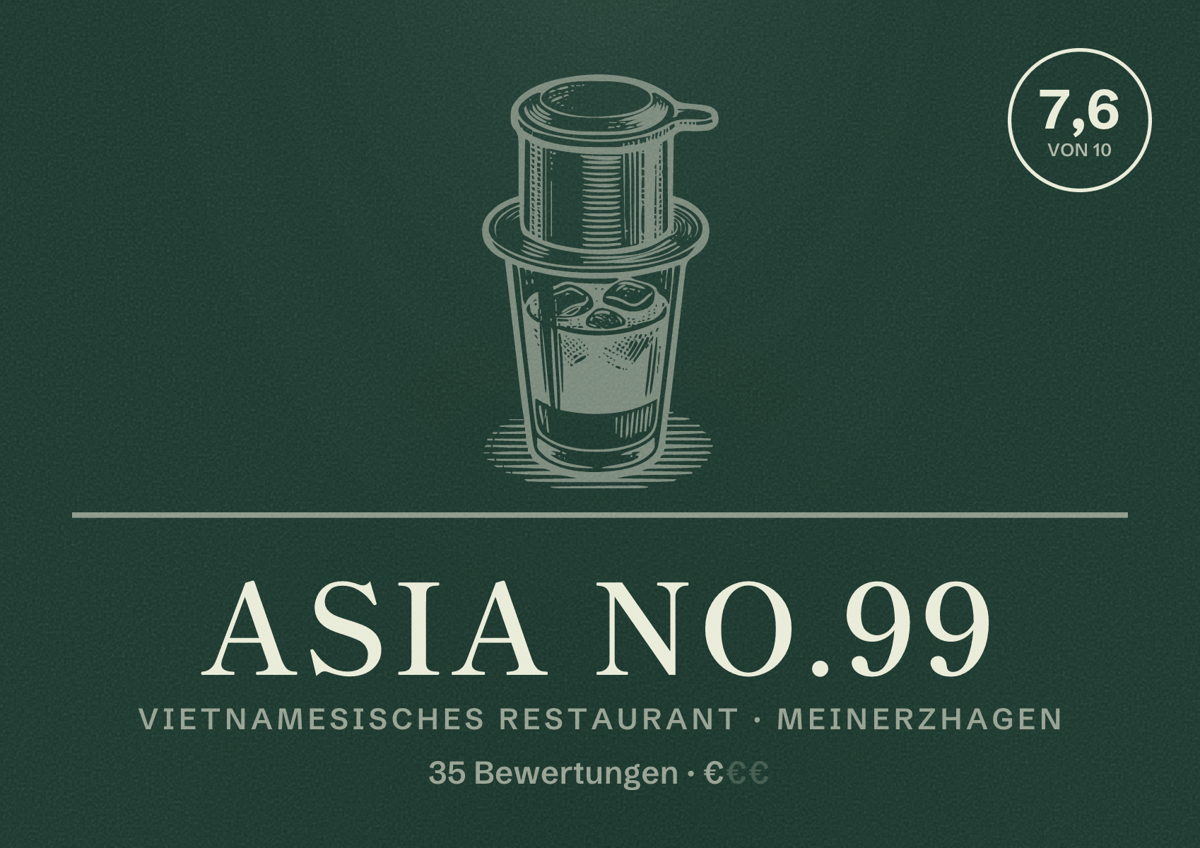 Illustriertes Poster von Asia No.99, Vietnamesisches Restaurant in Meinerzhagen: Bewertung 7,6 von 10 aus 35 Bewertungen, Preisniveau €