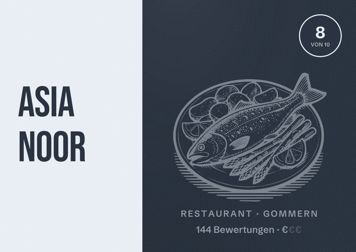 Illustriertes Poster von Asia Noor, Restaurant in Gommern: Bewertung 8 von 10 aus 144 Bewertungen, Preisniveau €