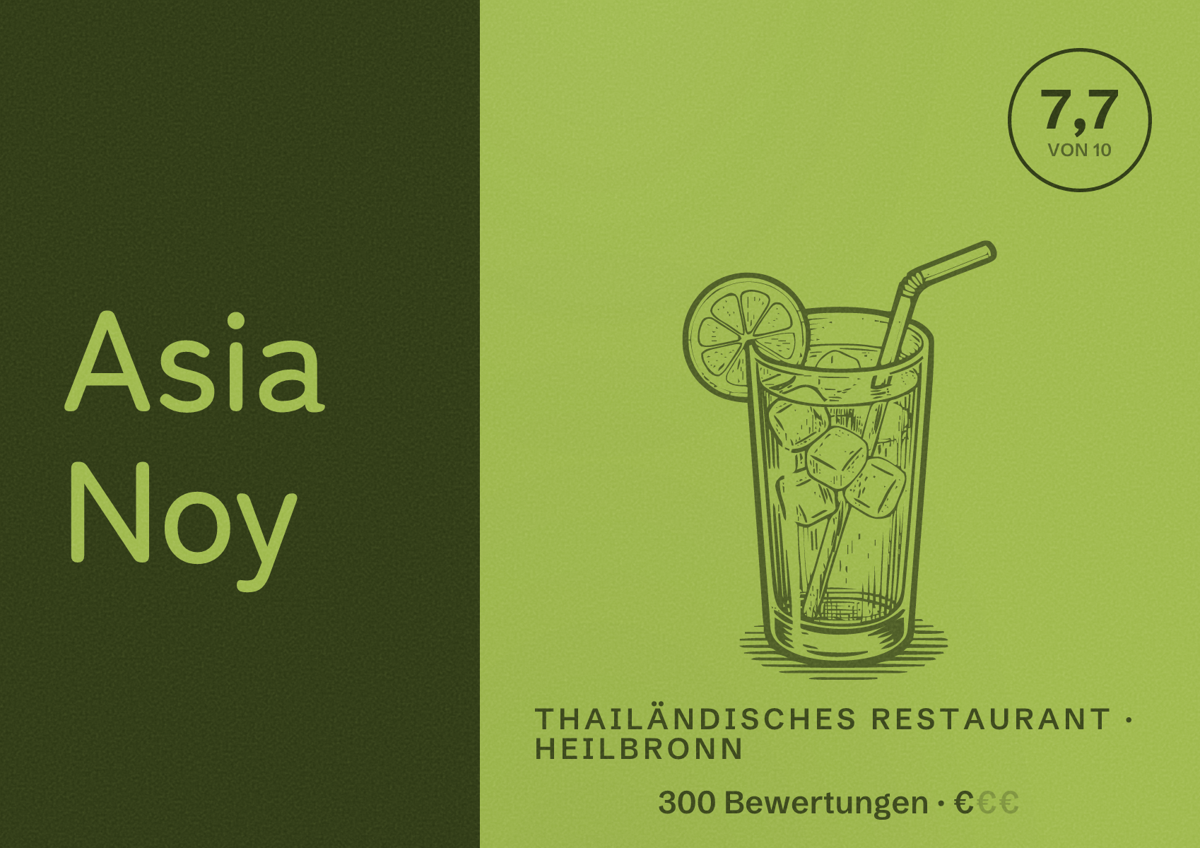 Illustriertes Poster von Asia Noy, Thailändisches Restaurant in Heilbronn: Bewertung 7,7 von 10 aus 300 Bewertungen, Preisniveau €