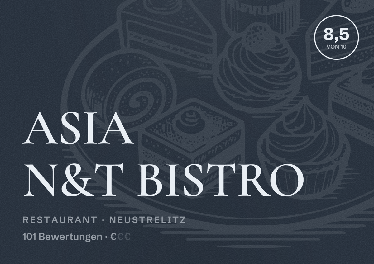 Illustriertes Poster von ASIA N&T BISTRO, Restaurant in Neustrelitz: Bewertung 8,5 von 10 aus 101 Bewertungen, Preisniveau €