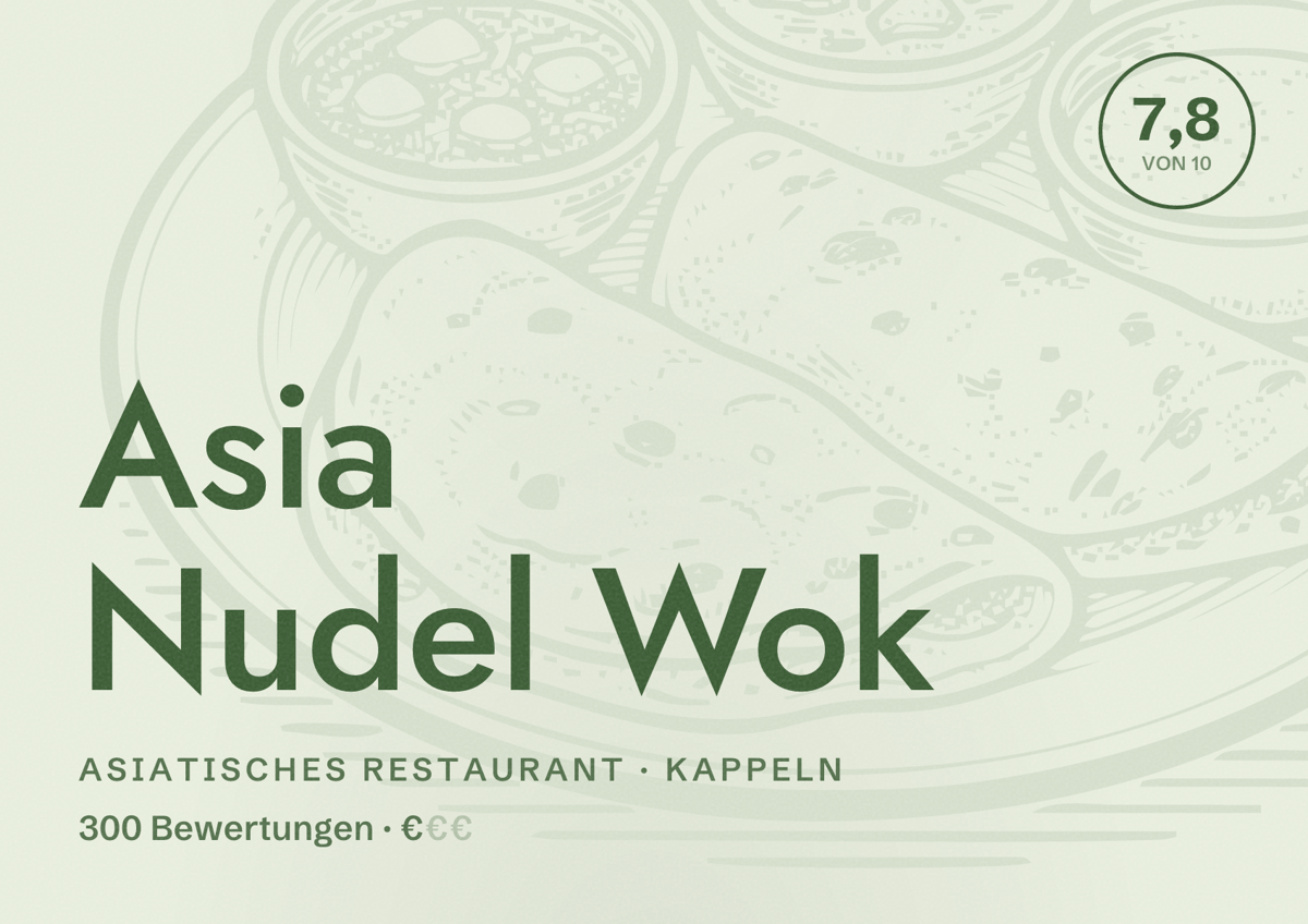 Illustriertes Poster von Asia Nudel Wok, Asiatisches Restaurant in Kappeln: Bewertung 7,8 von 10 aus 300 Bewertungen, Preisniveau €