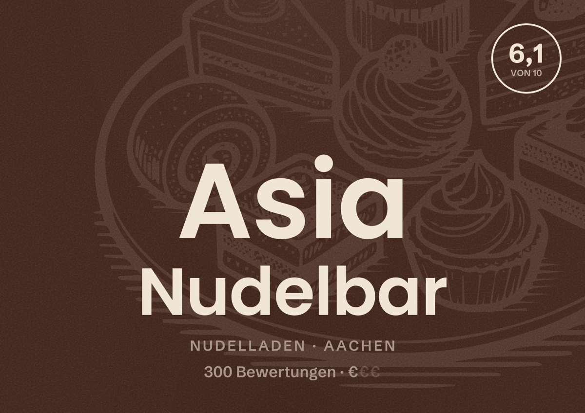 Illustriertes Poster von Asia Nudelbar, Nudelladen in Aachen: Bewertung 6,1 von 10 aus 300 Bewertungen, Preisniveau €