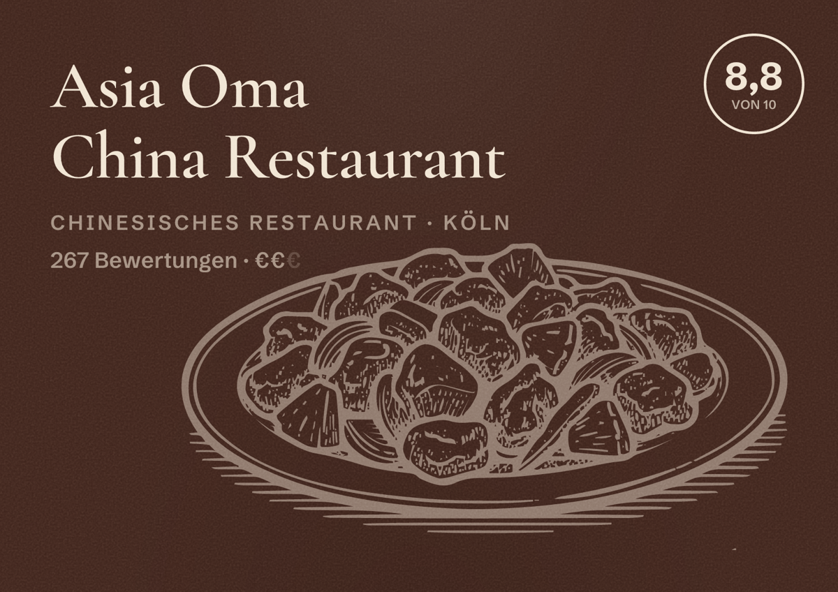 Illustriertes Poster von Asia Oma China Restaurant, Chinesisches Restaurant in Köln: Bewertung 8,8 von 10 aus 267 Bewertungen, Preisniveau €€