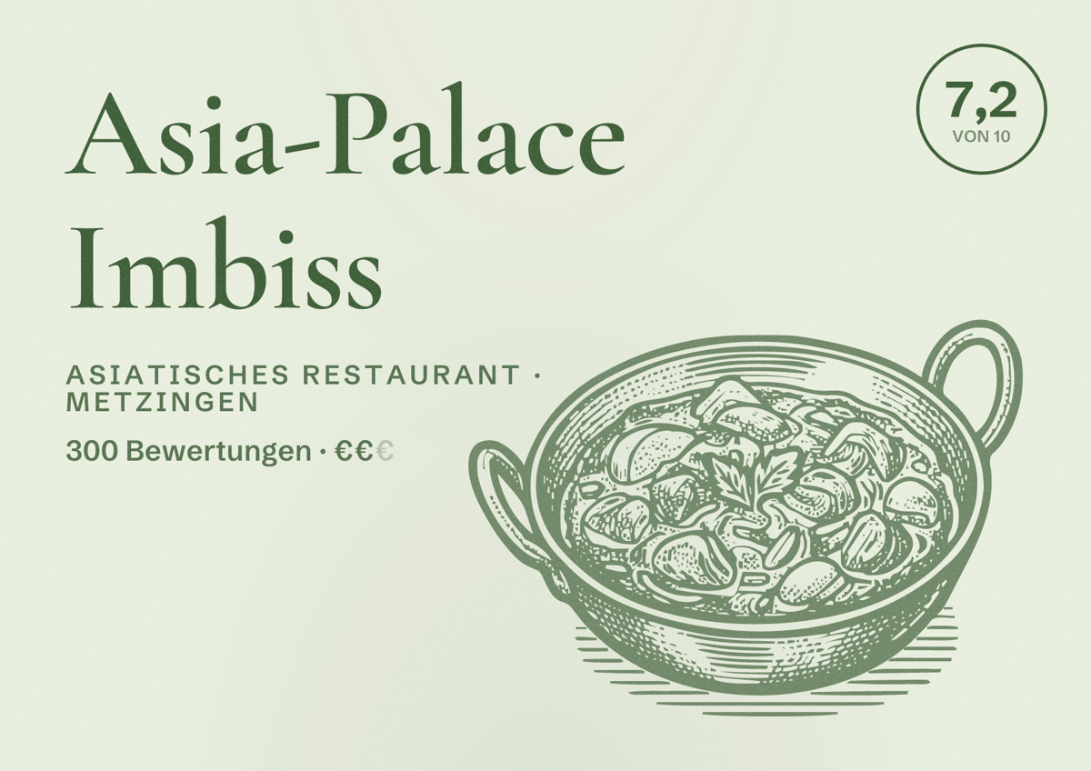 Illustriertes Poster von Asia-Palace Imbiss, Asiatisches Restaurant in Metzingen: Bewertung 7,2 von 10 aus 300 Bewertungen, Preisniveau €€